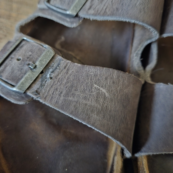 Birkenstock gray brown leather slippers slides sandals - Picture 6 of 16